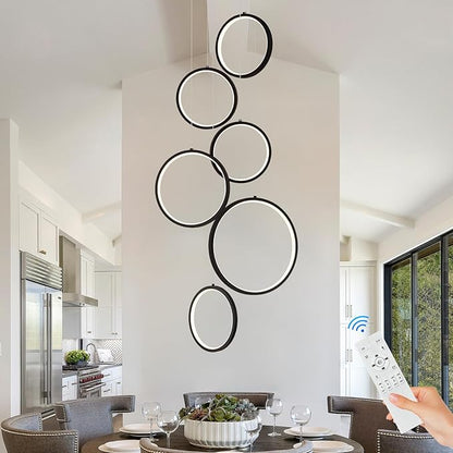6 Rings Modern LED Chandelier for High Ceiling Dimmable Black Contemporary Pendant Light Fixture Long Foyer Chandelier for Entryway Staircase Dining Room Living Room, 3000-6500K