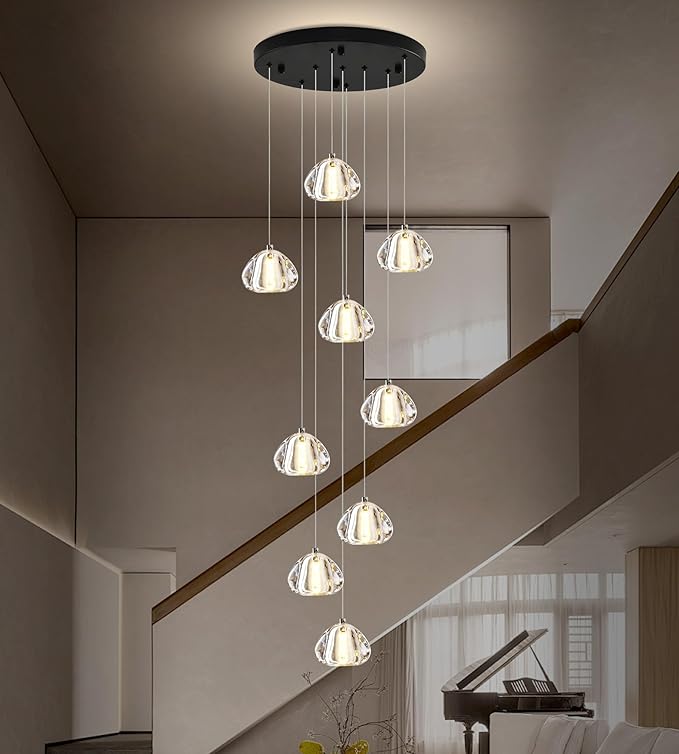 Modern Crystal Chandelier 9-Lights High Ceiling Raindrop Chandelier Lighting Fixture, LED Round Indoor Lighting Fixture Black for Foyer Staircase Living Room