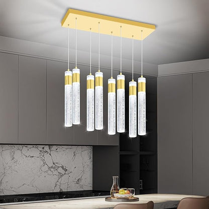 8-Lights Gold Hanging Pendant Light for Kitchen Island Modern Dimmable LED Crystal Chandeliers for Dining Room Bedroom Living Room Over Table Adjustable Height