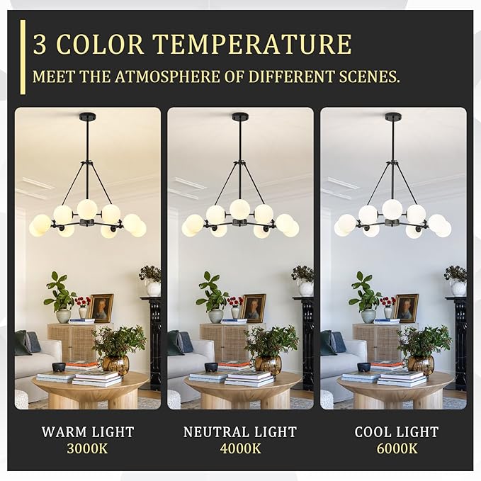 CATINER L40” Black Sputnik Chandeliers 9-Lights Mid Century Chandelier Modern Ceiling Pendant Light Fixtures with Milk Glass Globe Shades for Living Dining Room Foyer Entryway Kitchen Bedroom