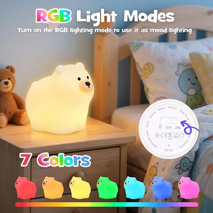 Squishy Polar Bear Night Light with RGB Mode Cute Polar Bear Light 3 Brightness Adjustable Nursery Breastfeeding Nightlight Rechargeable Silicone Touch Bedside Animal Lamp for Bedroom Dorm Decor
