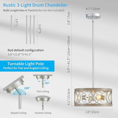 XINGQI 13" Rustic Drum Pendant Lighting Fixture Modern Chandelier 3-Light Height Adjustable Ceiling Lamp for Dining Room Kitchen Island Living Room Bedroom Foyer Hallway, Brushed Nickel