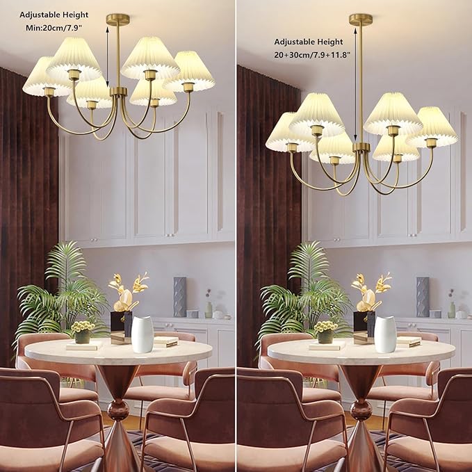 KCO Lighting Vintage Wrinkled Chandelier White Pleated Fabric Pendant Light Modern Gold Sputnik Chandelier 6-Lights Flush Mount Ceiling Light Classic Chandeliers for Dining Room