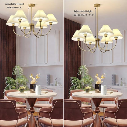 KCO Lighting Vintage Wrinkled Chandelier White Pleated Fabric Pendant Light Modern Gold Sputnik Chandelier 6-Lights Flush Mount Ceiling Light Classic Chandeliers for Dining Room