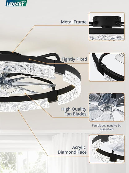 LEDIARY 24 Inch Low Profile Ceiling Fans with Lights and Remote, Flush Mount Fandelier Ceiling Fan, 3000K-6000K Dimmable LED Fan Light, Black Modern Ceiling Fans with Lights for Bedroom