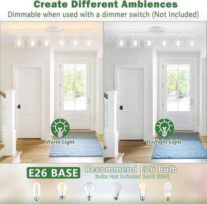 Baocuz 6-Lights White Semi Flush Mount Ceiling Light with Geometric Metal Cage, Modern Kitchen Track Lighting Fixtures Ceiling, Rotatable Close to Ceiling lamp for Entryway, Living Room, Hallway