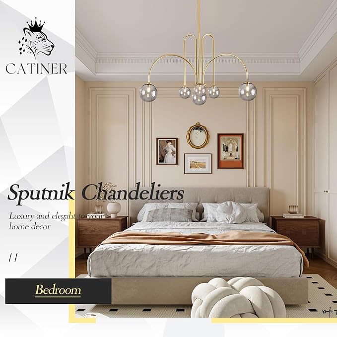 CATINER Modern Gold Chandelier, 6 Lights Sputnik Chandeliers Large L40”Mid Century Ceiling Pendant Light Fixtures with Smoke Glass Globe Shades for Living Dining Room Foyer Bedroom
