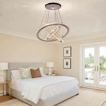 CLAIRDAI Modern Crystal Chandelier, Adjustable 3 Ring LED Ceiling Light Fixture, Dimmable K9 Crystal Chandelier for Dining Room, Bedroom, Living Room, Hallway