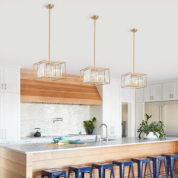 Gold Crystal Chandeliers for Dining Room Square 4-Light Height Adjustable 13" Modern Farmhouse Geometric Pendant Lighting Fixture for Bedroom Entryway Foyer Hallway
