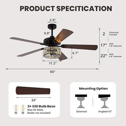 Dawn Whisper 60 Inch Crystal Chandelier Ceiling Fans with Lights Black Large Modern Ceiling Fans for Living Room Bedroom Quiet and Reversible DC Motor 6 Speeds Enegery Efficient