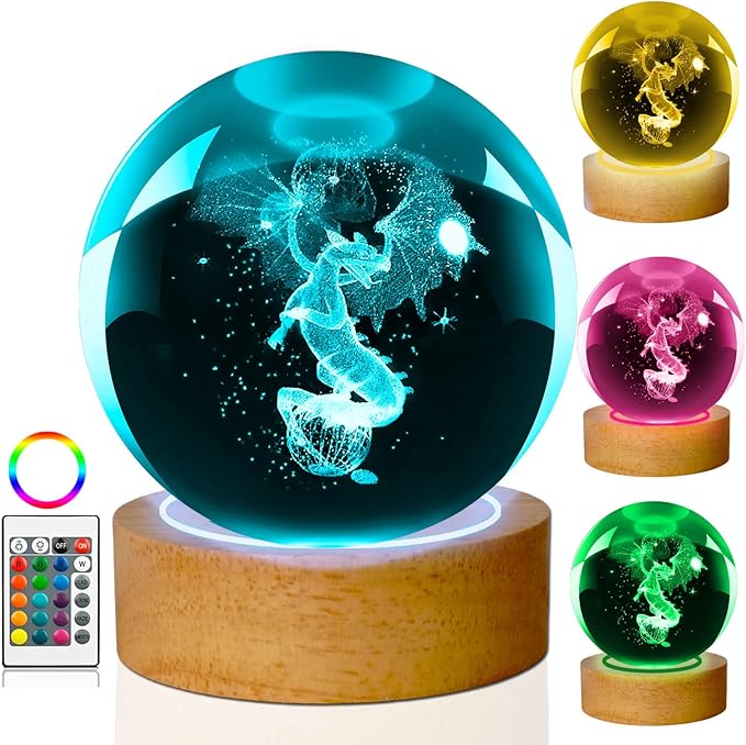 3D Dragon Crystal Ball Night Light, 60mm 16 Colors with Wooden Base and Remote Control, Dragon Gift