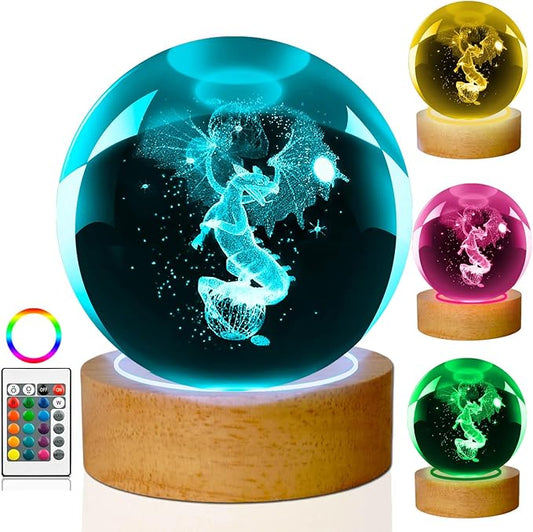 3D Dragon Crystal Ball Night Light, 60mm 16 Colors with Wooden Base and Remote Control, Dragon Gift