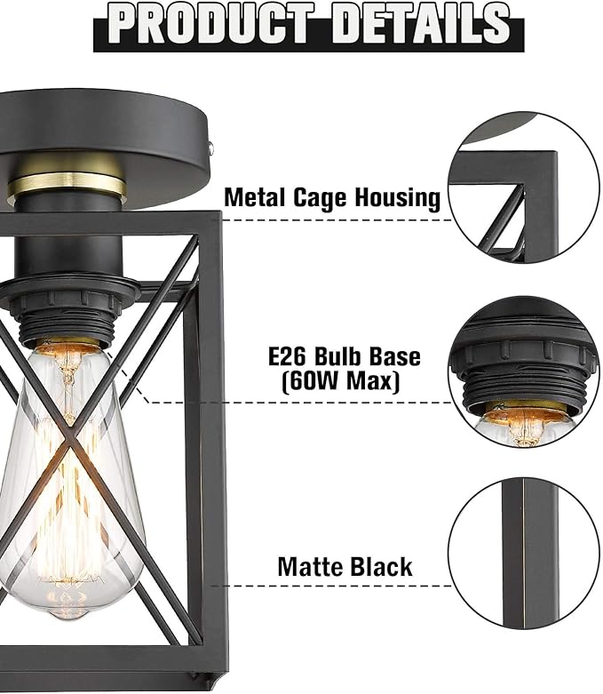 Semi Flush Mount Ceiling Light,Metal Cage Farmhouse Light Fixture Hardwired for Entryway, Hallway, Kitchen Over Sink, Bathroom,Laundry Room,Modern Industrial Vintage Style,Single E26 Bulb（Black,1PK）