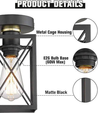 Semi Flush Mount Ceiling Light,Metal Cage Farmhouse Light Fixture Hardwired for Entryway, Hallway, Kitchen Over Sink, Bathroom,Laundry Room,Modern Industrial Vintage Style,Single E26 Bulb（Black,1PK）