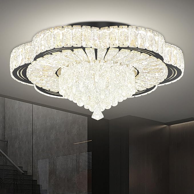 Modern Crystal Chandelier for Living Room Black 24in Crystal Raindrop Ceiling Light for Room Bedroom LED Dimmable 2700-6000K