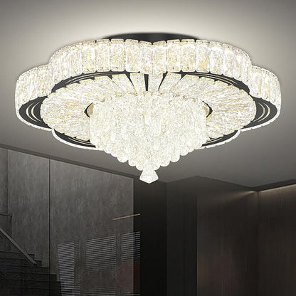 Modern Crystal Chandelier for Living Room Black 24in Crystal Raindrop Ceiling Light for Room Bedroom LED Dimmable 2700-6000K