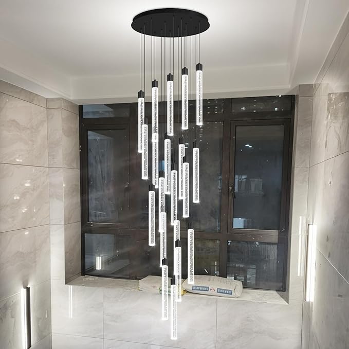 138'' Long Crystal Column Chandelier Extra Large Black Staircase High Ceiling Chandelier 20-Lights Dimmable Led Pendant Lighting Foyer Entryway Light Source is Replaceable