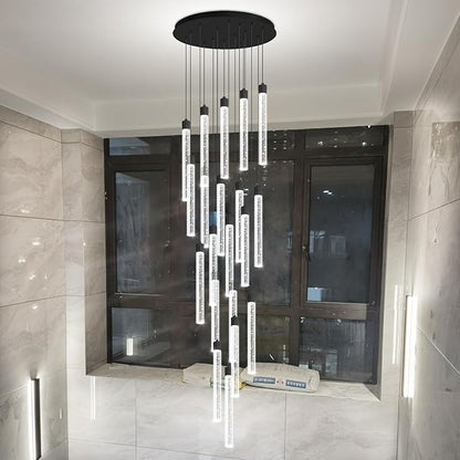 138'' Long Crystal Column Chandelier Extra Large Black Staircase High Ceiling Chandelier 20-Lights Dimmable Led Pendant Lighting Foyer Entryway Light Source is Replaceable