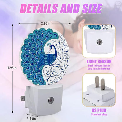 Blue Peacock Night Light Vintage Feathers Night Lights LED Lamp Round Plug into Wall Nightlight with Dusk to Dawn Sensor Home Hallway Stairway Kitchen Decor