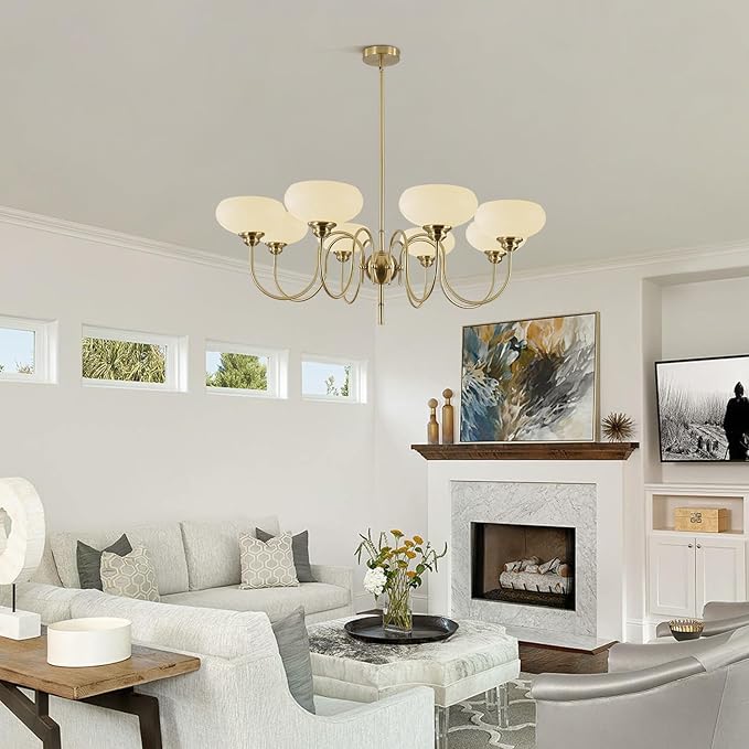 BOKT French Chandelier 8-Lights Large Dining Room Gold Chandelier with Milk White Bowl Glass Lampshade Modern Living Room Adjustable Rod Semi Flush Ceiling Sputnik Chandelier Light Fixtures