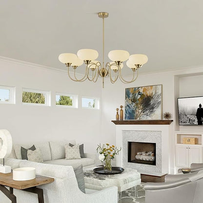 BOKT French Chandelier 8-Lights Large Dining Room Gold Chandelier with Milk White Bowl Glass Lampshade Modern Living Room Adjustable Rod Semi Flush Ceiling Sputnik Chandelier Light Fixtures