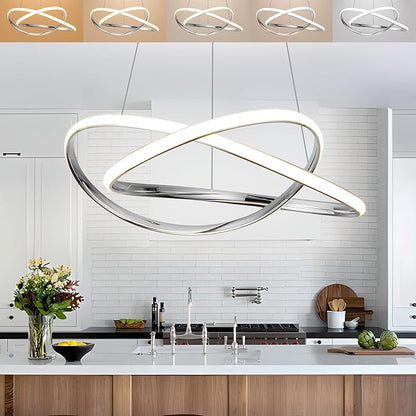 Modern Chandelier Dimmable Pendant Light Fixture,5CCT/2700K/3000K/3500K/4000K/5000K ,Adjustable Modern LED Chandeliers for Dining Room Kitchen Entryway Living Room Bedroom (Silver-5CCT, 20 Inches)