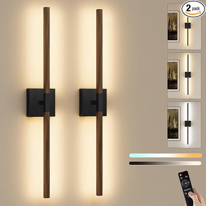Rayogale Rechargeable Battery Operated Wall Sconce Set Two, 8000mAh Cordless, 3000K/4500K/6000K, Dimmable, Touch Control, 360° Rotation for Living Room Black Walnut 24 Inch(2 Pack)