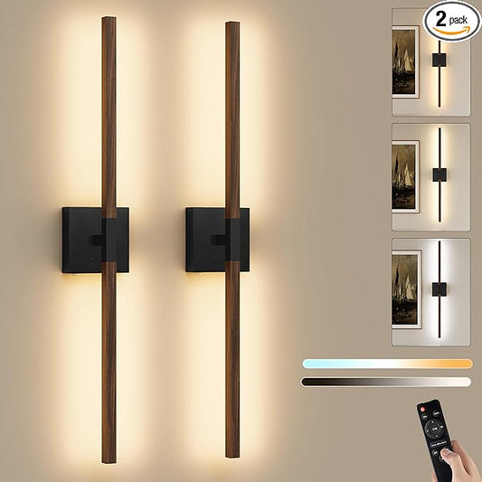 Rayogale 40 Inch Rechargeable Battery Operated Wall Sconce Set Two, 8000mAh Cordless, 3000K/4500K/6000K, Dimmable, Touch Control, 360° Rotation for Living Room Black Walnut(2 Pack)
