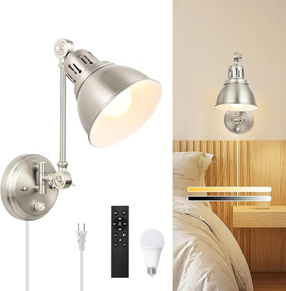 GOODATE 1 Pack Plug in Wall Sconce with Remote Control, Dimming, Adjustable Colors 2700K-6500K, Plug in Wall Light, Swing Arm Wall Lamp with Night Light & Timer, LED Bulb Included, Brushed Nickel