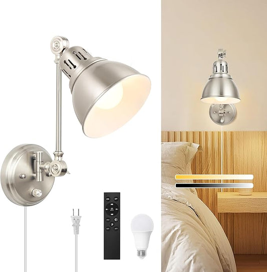 GOODATE 1 Pack Plug in Wall Sconce with Remote Control, Dimming, Adjustable Colors 2700K-6500K, Plug in Wall Light, Swing Arm Wall Lamp with Night Light & Timer, LED Bulb Included, Brushed Nickel