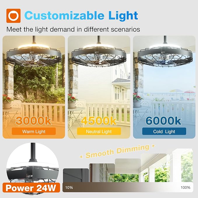addlon 20 Inch Outdoor Ceiling Fan with Light for Patio, IP65 Waterproof Plug in Caged Hanging Fan, Remote Control, 3 CCT, 6 Speeds Reversible Outdoor Fan for Gazebo, Pergola, Porch