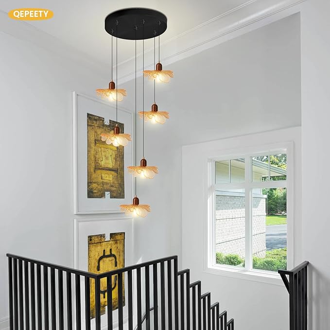 Modern Large Foyer Chandelier High Ceiling Light Fixture, 6-Lights Pendant Light Amber Glass Shade Solid Wood Decor Adjustable Black Hanging Ceiling Lamp for Living Room Bedroom Entryway
