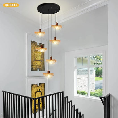 Modern Large Foyer Chandelier High Ceiling Light Fixture, 6-Lights Pendant Light Amber Glass Shade Solid Wood Decor Adjustable Black Hanging Ceiling Lamp for Living Room Bedroom Entryway