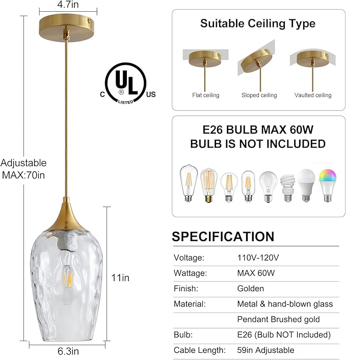 Glass Pendant Lights Kitchen Island, Gold Pendant Light Fixtures with Hand-Blown Clear Glass Modem Farmhouse Hanging Light for Kitchen Sink Dining Room Bedroom