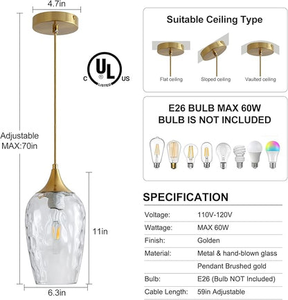 Glass Pendant Lights Kitchen Island 2 Pack, Gold Pendant Light Fixtures with Hand-Blown Clear Glass Modem Farmhouse Hanging Light for Kitchen Sink Dining Room Bedroom