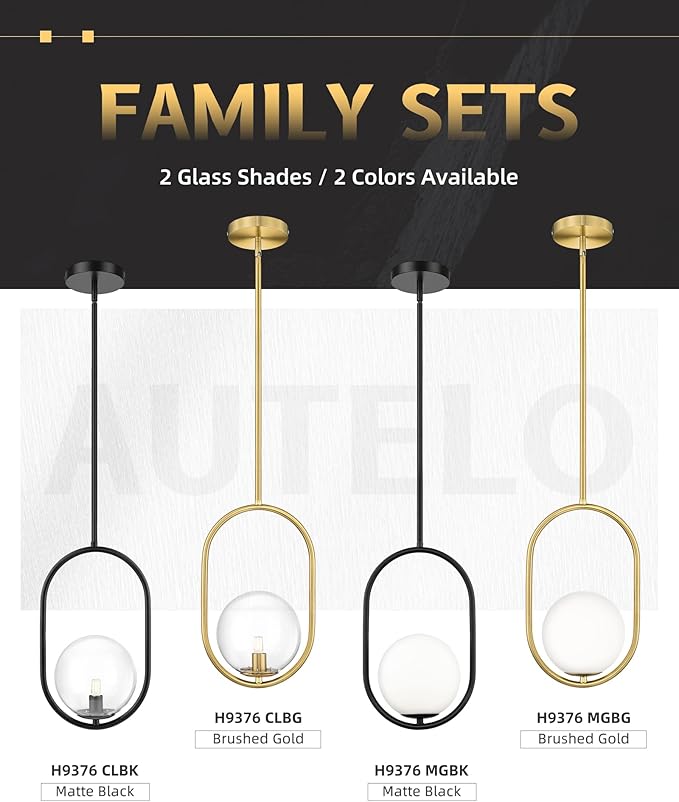 AUTELO 1-Light Matte Black Pendant Lights Kitchen Island, Kitchen Pendant Lighting Over Island with Clear Globe Glass, Black Hanging Lamp with Adjustable Rod for Kitchen Island H9376 CLBK