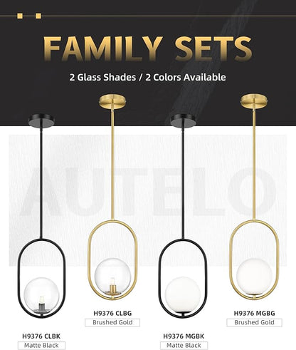 AUTELO 1-Light Matte Black Pendant Lights Kitchen Island, Kitchen Pendant Lighting Over Island with Clear Globe Glass, Black Hanging Lamp with Adjustable Rod for Kitchen Island H9376 CLBK