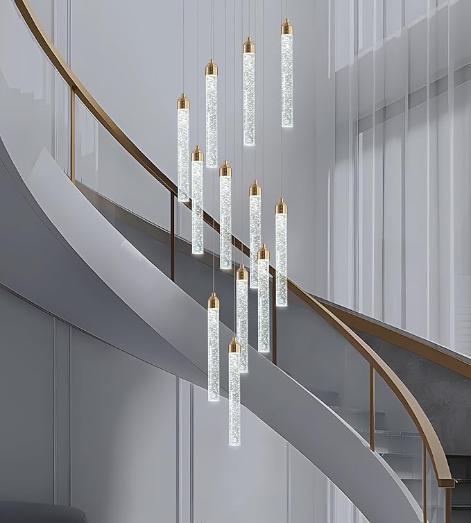 Crystal Staircase Chandelier, Modern Gold Large Spiral Dimmable LED Cluster Raindrop Foyer Chandelier Lighting, Bubble Living Room Hanging Light Fixture 12 Light Remote Control
