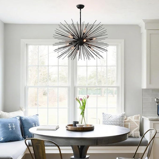 33.85" Black Sputnik Chandelier Vintage 12-Light Geometric Starburst Chandelier Light Fixture Large Solid Metal Black Sputnik Chandeliers for Dining Room, Kitchen, Bedroom, Living Room, E12