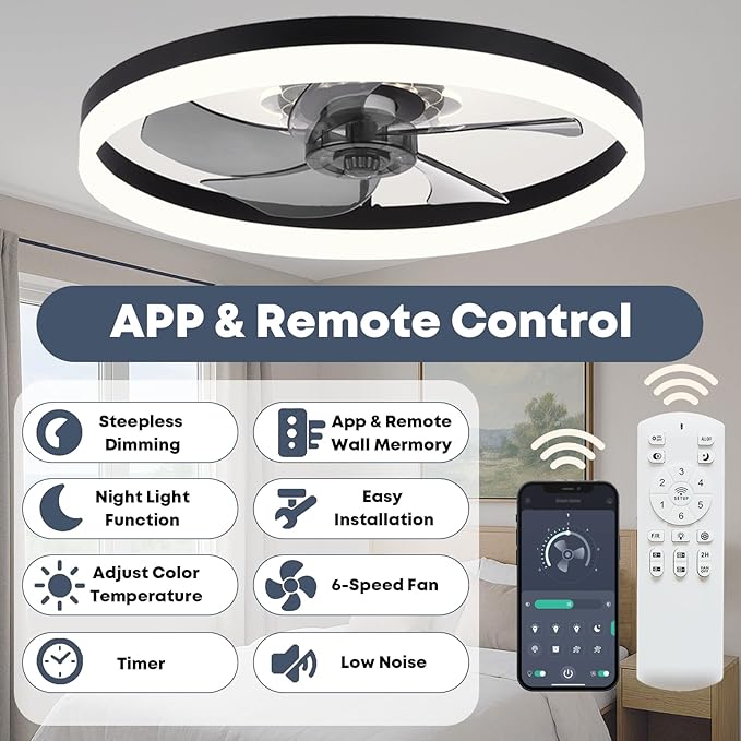 Fszdorj 20'' Ceiling Fan with Light, Upgraded Low Profile Fan, Flush Mount Ceiling Fan, 6 Speeds, Dimmable LED, App & Remote Control, Quiet DC Motor, for Bedroom, Living Room, F115 Black