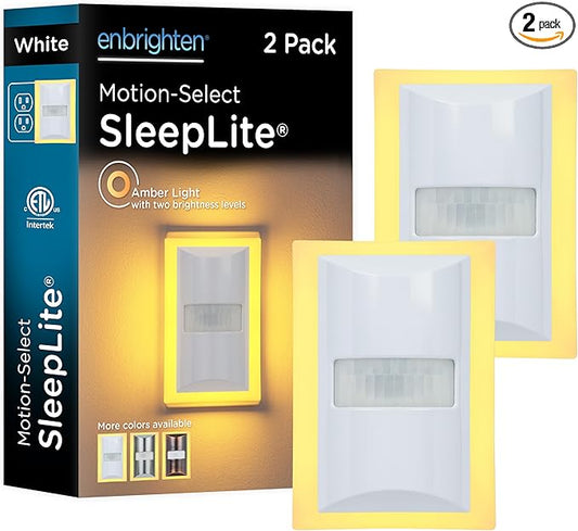 Enbrighten SleepLite LED Night Light Motion Sensor Nightlight Dusk to Dawn Amber Lights Ambient Lighting Room Decor for Bedroom Baby Nursery Bathroom White 2 Pack