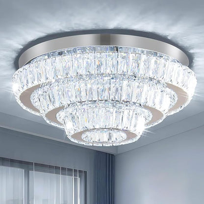 Modern LED Crystal Chandelier 3-Tier LED Ceiling Light Round Ceiling Flush Mounted Chandelier Light Fixure for Dinning Room Bedroom Living Room (Cool White)