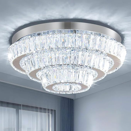Modern LED Crystal Chandelier 3-Tier LED Ceiling Light Round Ceiling Flush Mounted Chandelier Light Fixure for Dinning Room Bedroom Living Room (Cool White)