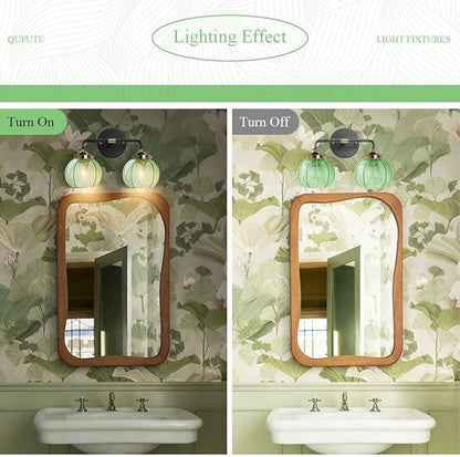 2-Lights Bathroom Wall Light Fixtures Modern Vanity Light with Leaf Texture Glass Globe Shades Emerald Green Mid Century Modern Wall Lamp Sconce for Over Mirror Living Room Cabinet