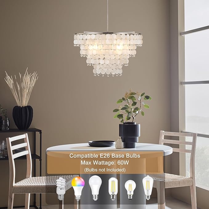 Natural Capiz Shell Chandelier, Coastal Modern Chandelier, Hanging Round Layered Pendant Lighting(4 Light, Nickel)