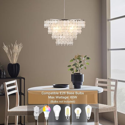 Natural Capiz Shell Chandelier, Coastal Modern Chandelier, Hanging Round Layered Pendant Lighting(4 Light, Nickel)