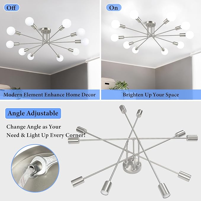 Semi Flush Mount Ceiling Light Fixture, 10-Light Modern Brushed Nickel Sputnik Chandelier Industrial Ceiling Lamp for Kitchen Dining Room Living Room Bedroom Foyer