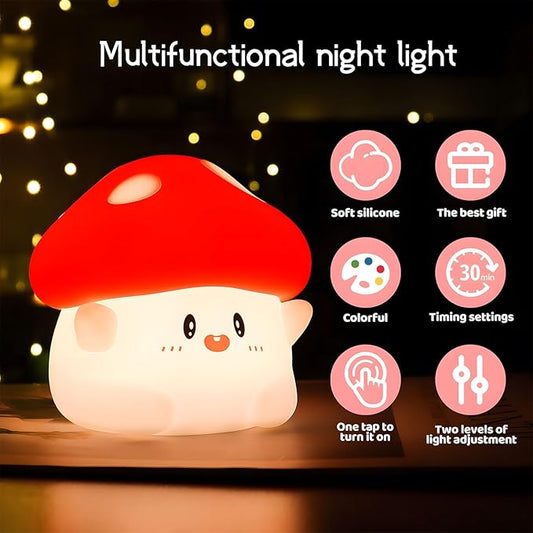 Mushroom Night Light Color Changing, 50Hrs Mushroom Lamp, Tap Control 2 Brightness & Timer, Rechargeable Squishy Night Lamp for Kids Adults, [Mothers Day Gifts]