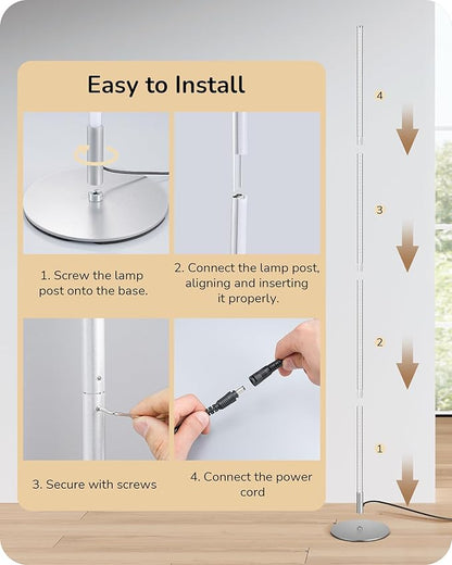 EDISHINE Dimmable Floor Lamp, 59.8" Standing Lamp with 3 Height Settings, Adjustable Color Temperature, Remote Control, Foot Switch, Slim Floor Lamps for Living Room, Sliver