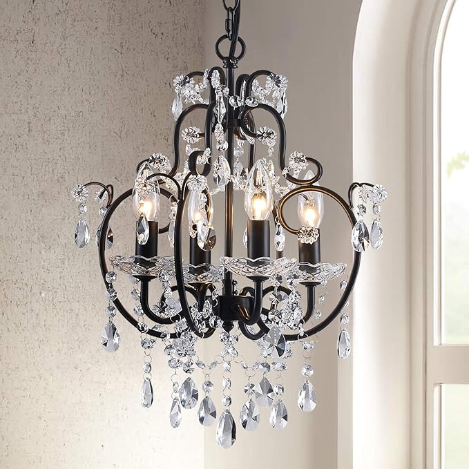 Saint Mossi 4-Lights Crystal Chandelier with K9 Crystals, Black Farmhouse Style Pendant Light Fixture, H17 x D12, Chain Adjustable